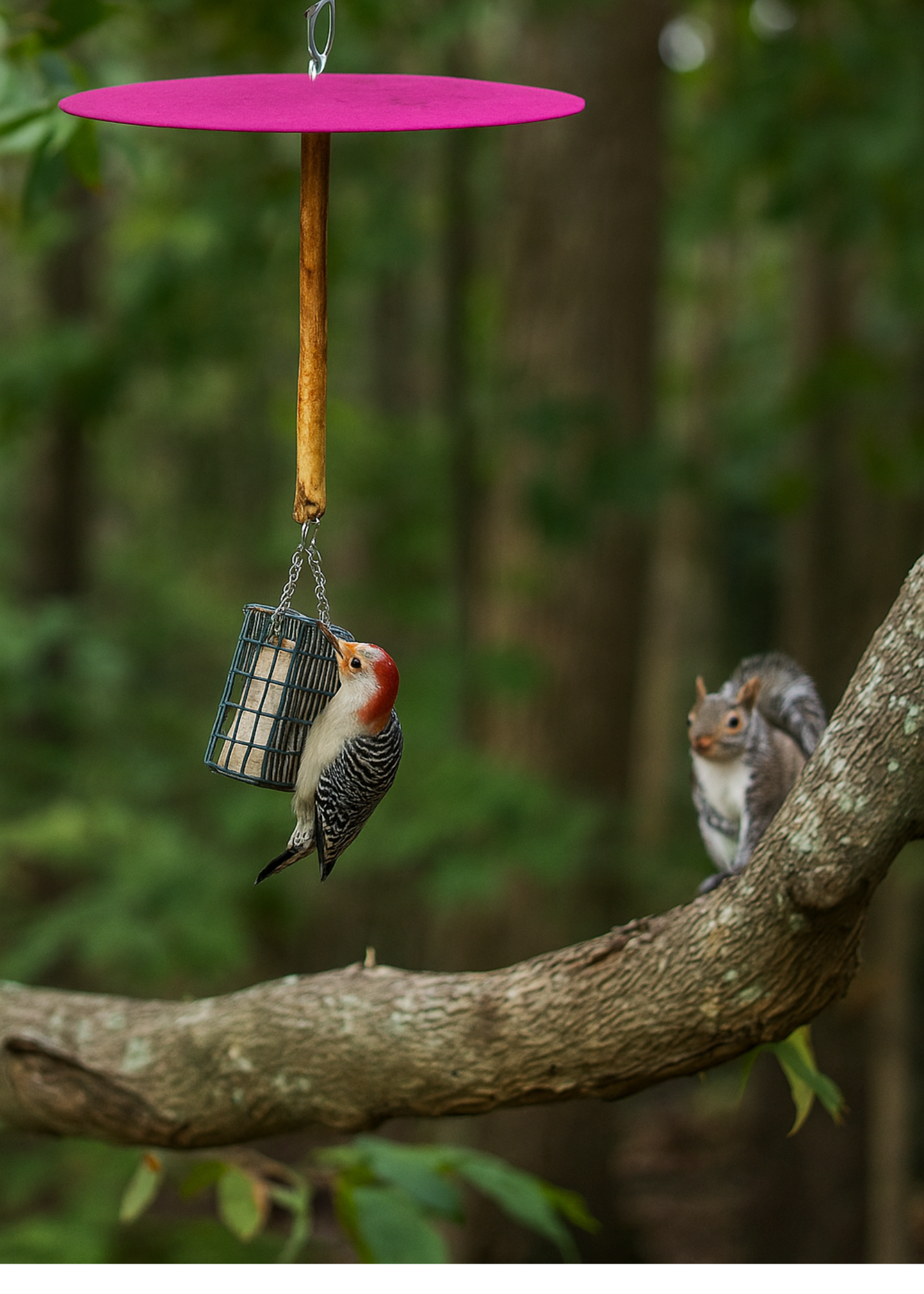 Bird eating from a squirrel free birds only suet station