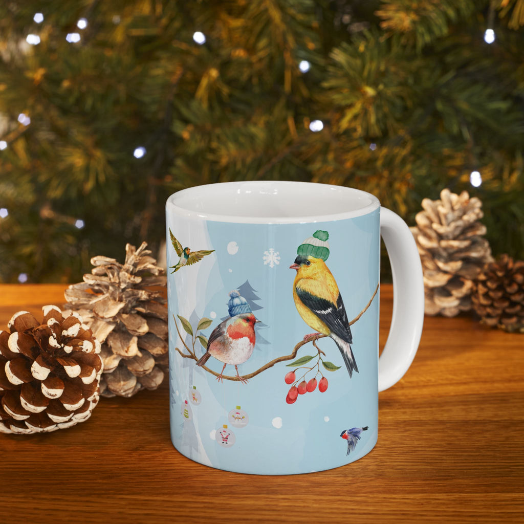 Baby, it's cold outside | Winter Birds in Knit Hats Mug – 11oz Cozy Christmas Coffee Cup | Cute Goldfinch & Robin | Holiday Bird Lover Gift | Birds-Only (11oz/15oz)