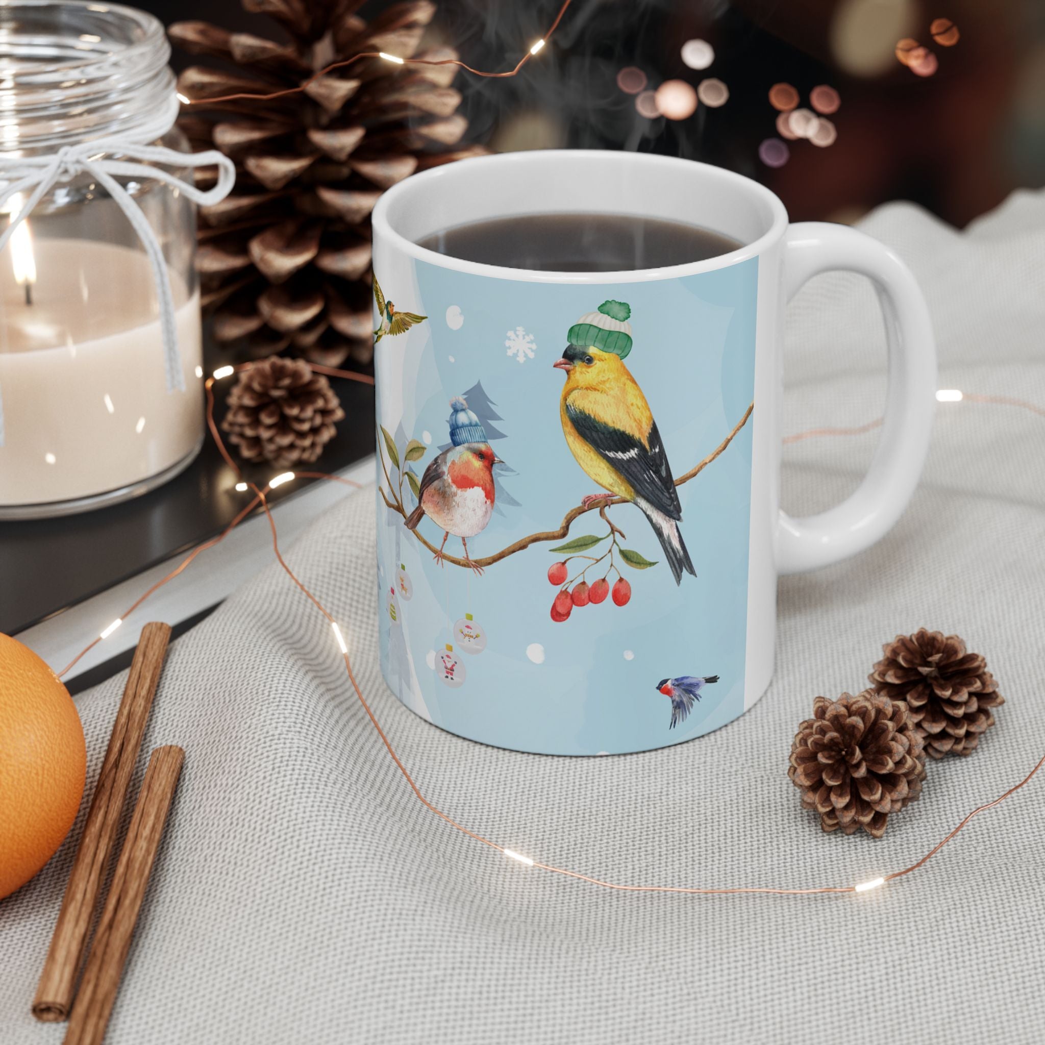 Baby, it's cold outside | Winter Birds in Knit Hats Mug – 11oz Cozy Christmas Coffee Cup | Cute Goldfinch & Robin | Holiday Bird Lover Gift | Birds-Only (11oz/15oz)