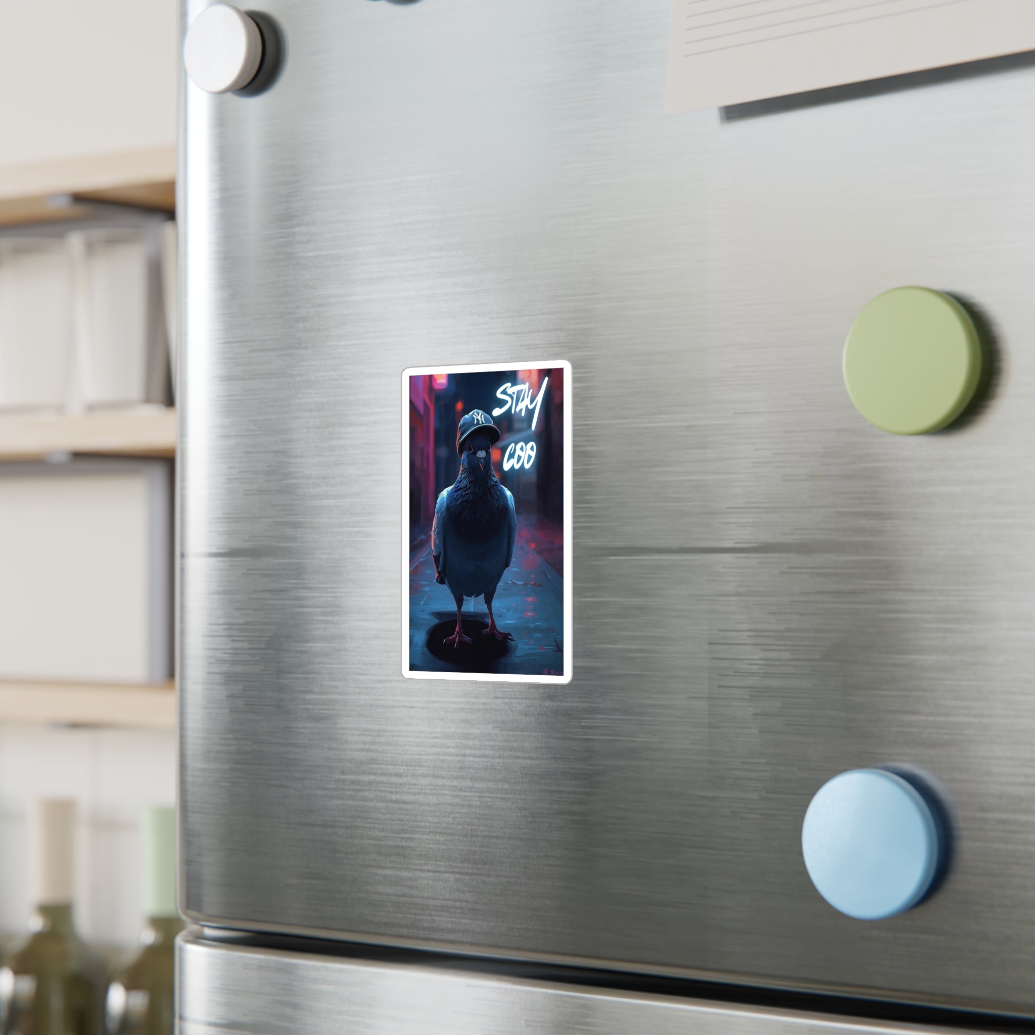 Decal Sticker - Urban Pigeon wearing baseball cap, 'Stay Coo'