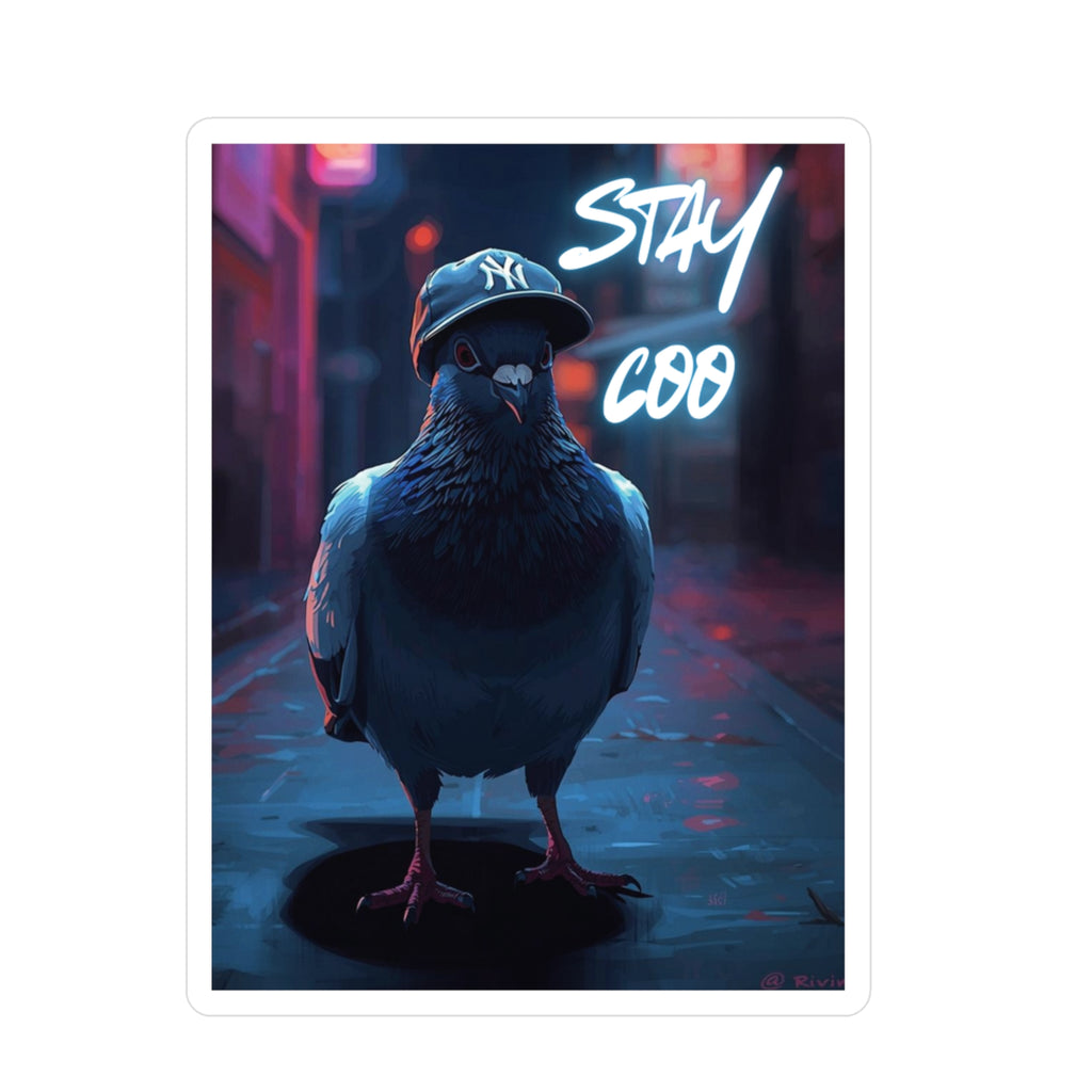 Decal Sticker - Urban Pigeon wearing baseball cap, 'Stay Coo'