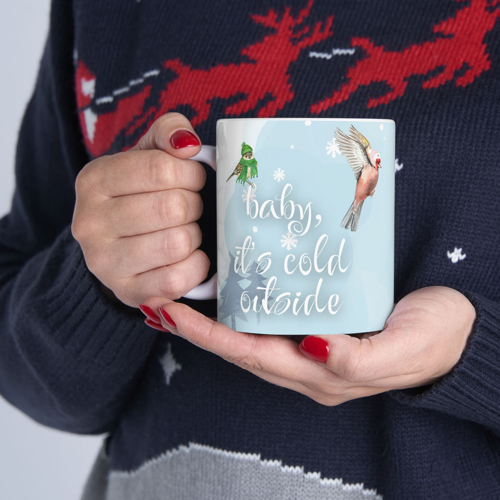 Baby, it's cold outside | Winter Birds in Knit Hats Mug – 11oz Cozy Christmas Coffee Cup | Cute Goldfinch & Robin | Holiday Bird Lover Gift | Birds-Only (11oz/15oz)