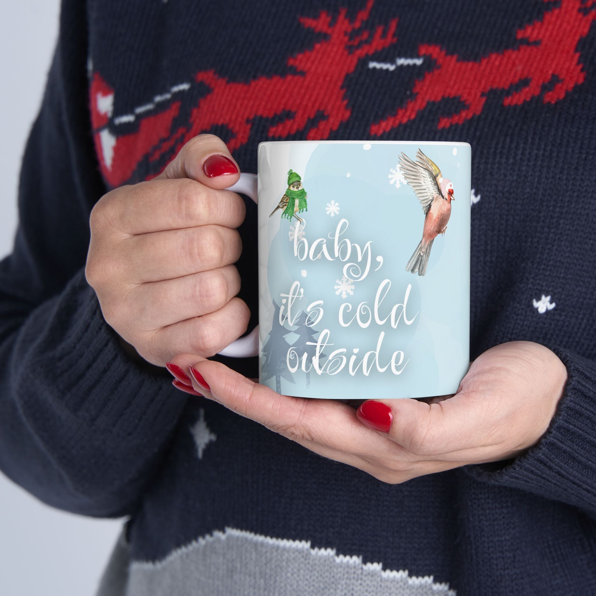 Baby, it's cold outside | Winter Birds in Knit Hats Mug – 11oz Cozy Christmas Coffee Cup | Cute Goldfinch & Robin | Holiday Bird Lover Gift | Birds-Only (11oz/15oz)